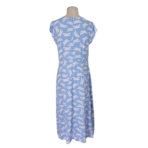 Loft Midi Dress Size 8 Blue Dragonflies Cap Sleeve 12 Inch Slit Back Zip Viscose - Picture 3 of 11